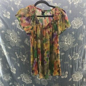 August Silk 100% silk chiffon watercolor blouse size S